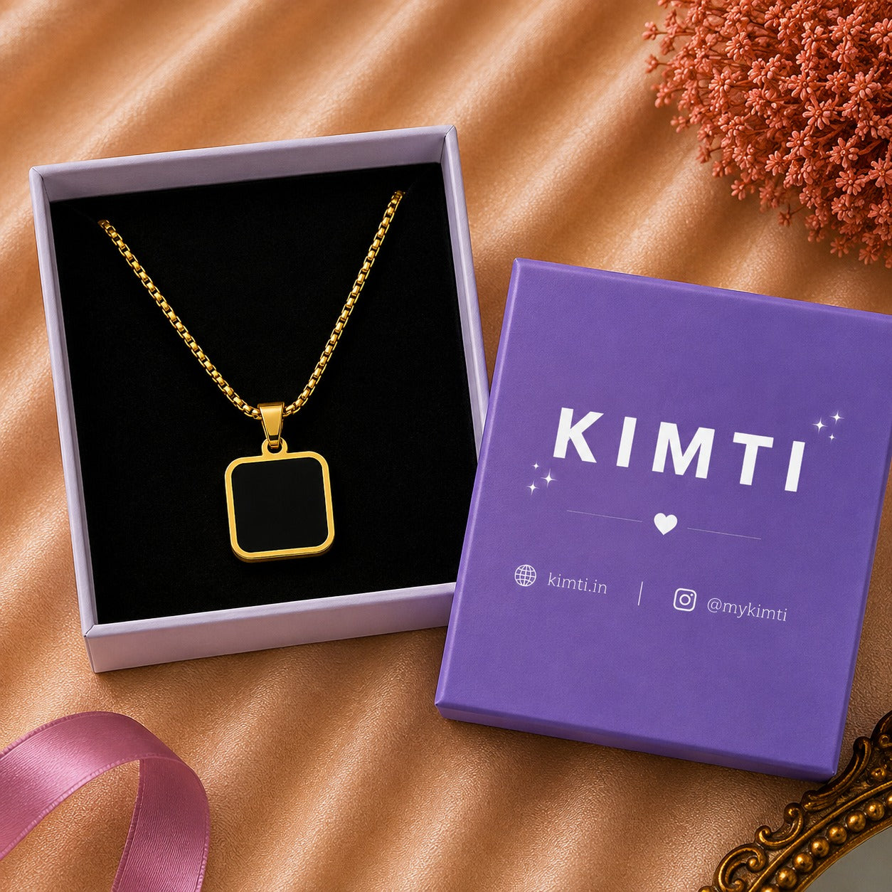 Men-18K Gold Plated Anti Tarnish Black Square Charm Chain