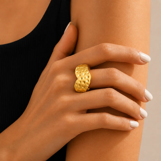 18K Gold Plated Hammered Wave Adjustable Statement Ring