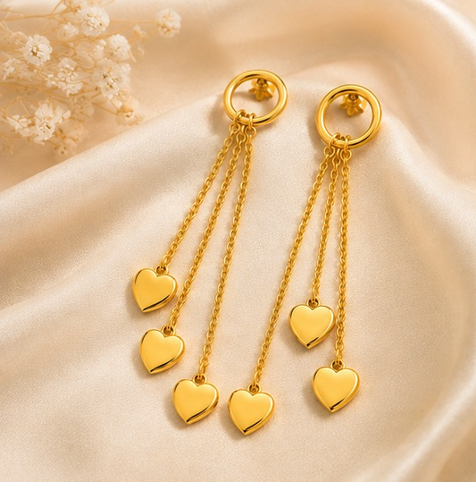 Golden Triple Heart Chain Drop Earrings