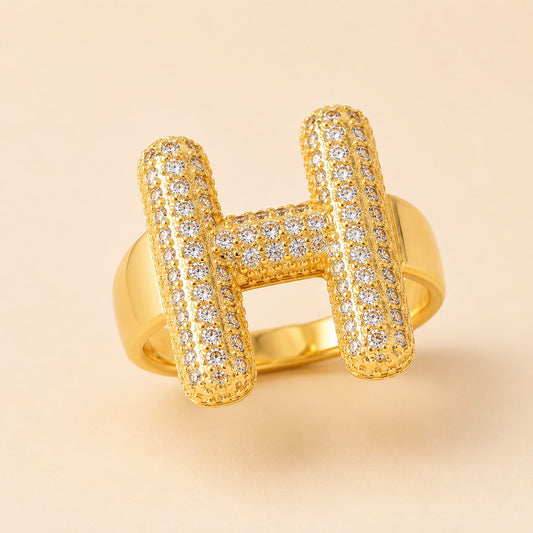 18K Gold Plated Adjustable Crystal Initial Ring