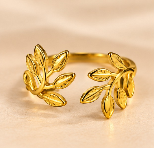 18K Gold Plated Olive Leaf Branch Adjustable Ring