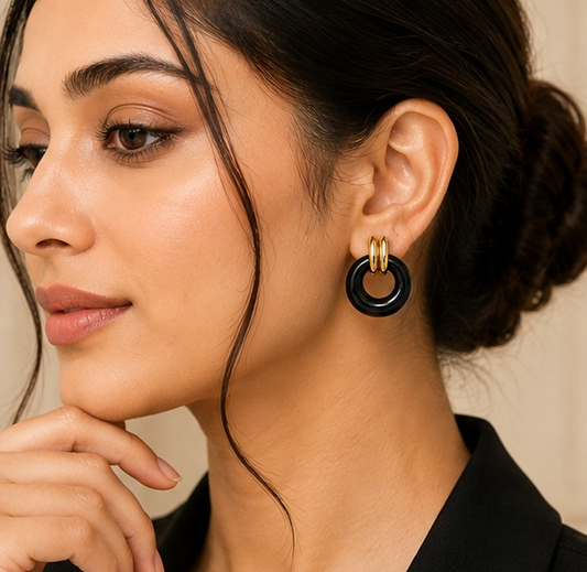 18K Gold Plated Black Onyx Gold Hoop Earrings