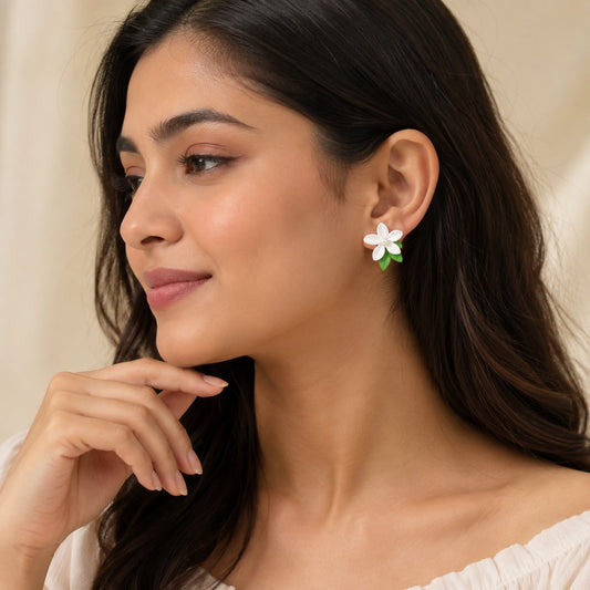 Nature Inspired White Green Floral Stud Earrings