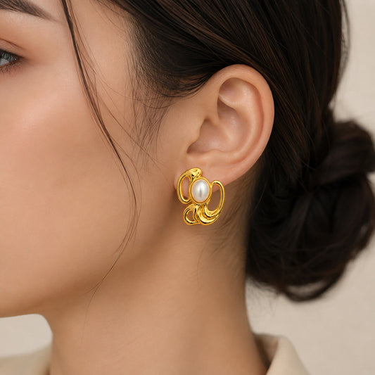 18K Gold Plated Golden Swirl Pearl Studs Earrings