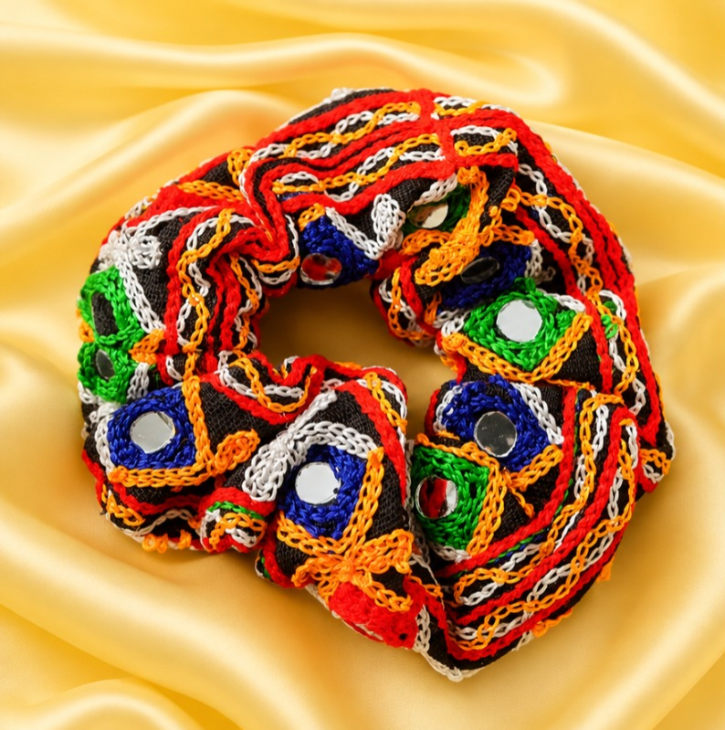 Multicolor Mirror Work Embroidered Hair Scrunchie