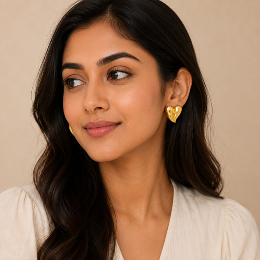18K Gold Plated Ribbed Heart Stud Earrings