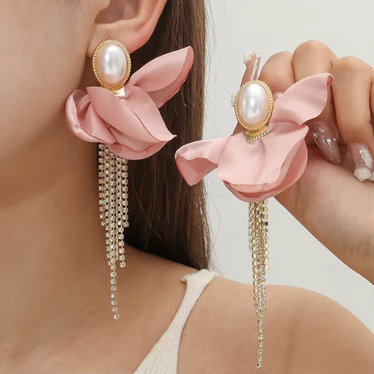 Pink Fabric Flower Crystal Tassel Earrings