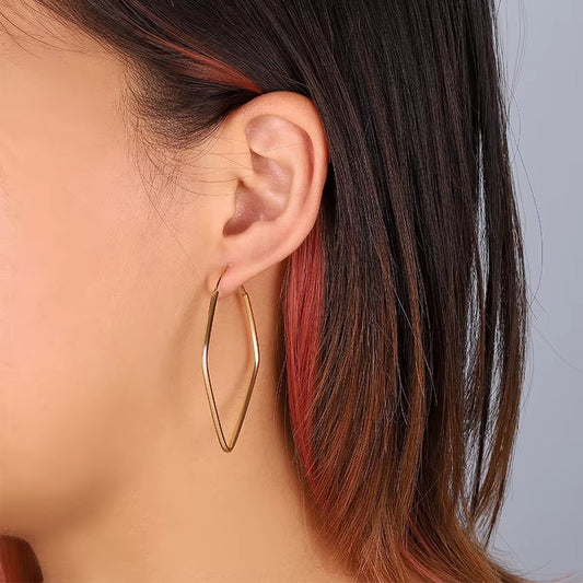 18k Gold Plated Thin Strip Big Rhombus Tube Hoop Earring