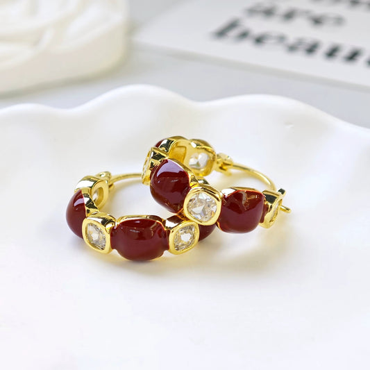 Gold Plated Wine Red Zircon Hoop Earring
