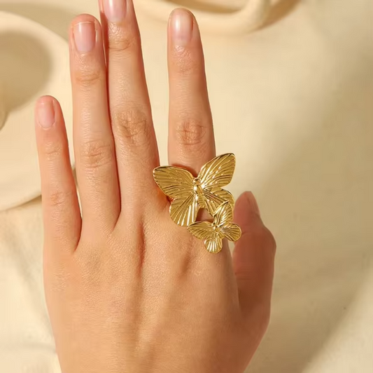 18K Gold Plated Two Butterfly Titanium Steel Rings