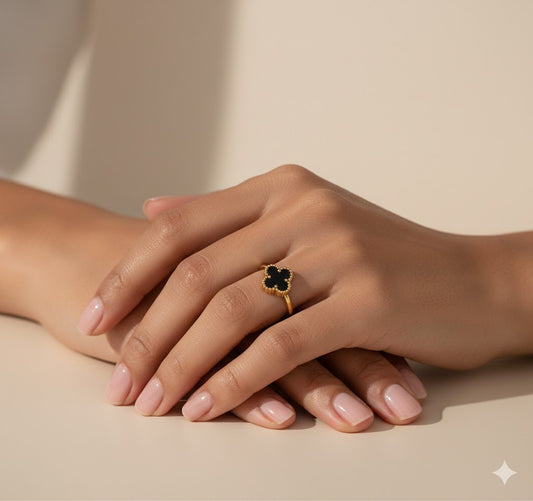 18k Gold Plated Black Clover Charm Ring