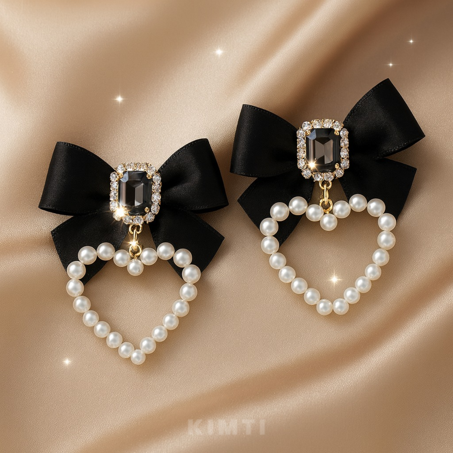 Black Bow Pearl Heart Earrings