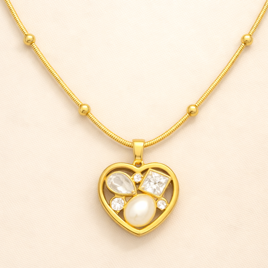 18K Gold Plated Heart Multi-Stonel Pendant Necklace