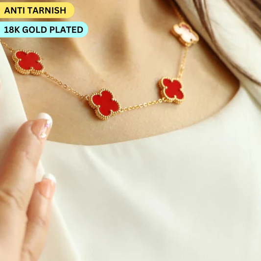 Gold Red Flower Station Necklace