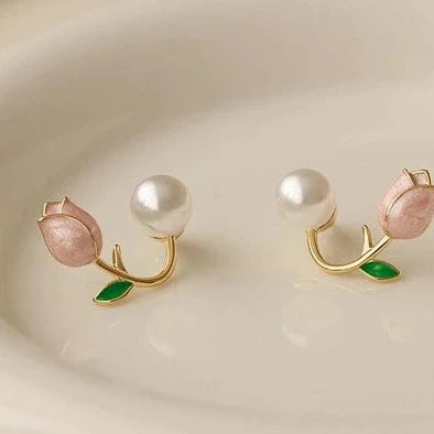 Pink Tulip Pearl Stud Earrings