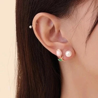 Pink Tulip Pearl Stud Earrings