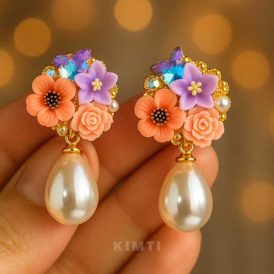 Pastel Floral Pearl Drop Earrings