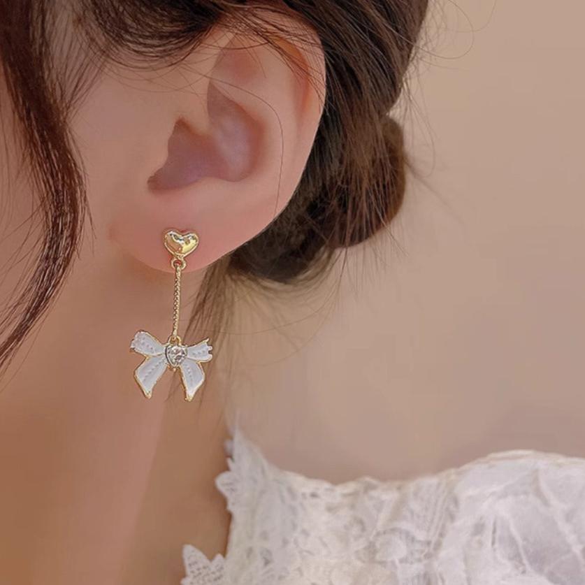 Bow Drop White Earring