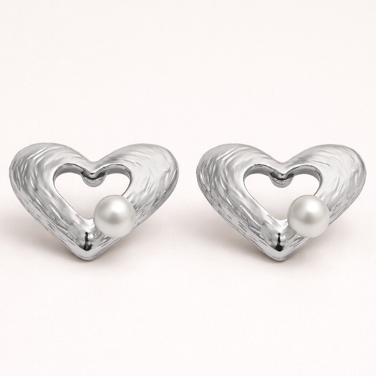 Elegant Open Heart Pearl Stud Earrings