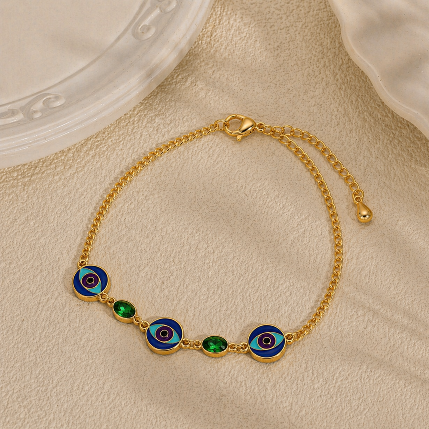 18K Gold Plated Emerald Nazar Charm Bracelet