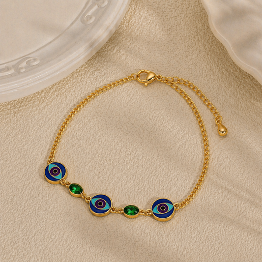 18K Gold Plated Emerald Nazar Charm Bracelet