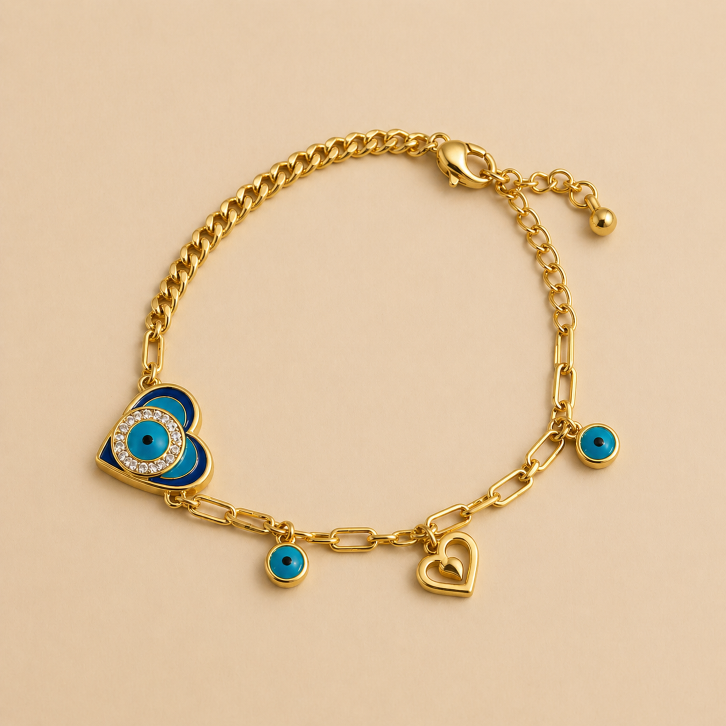 18K Gold Plated Lucky Heart Evil Eye Charm Bracelet