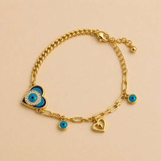 18K Gold Plated Lucky Heart Evil Eye Charm Bracelet