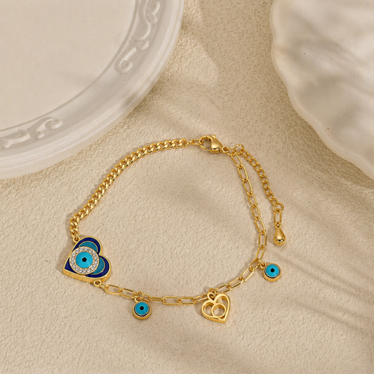 18K Gold Plated Lucky Heart Evil Eye Charm Bracelet