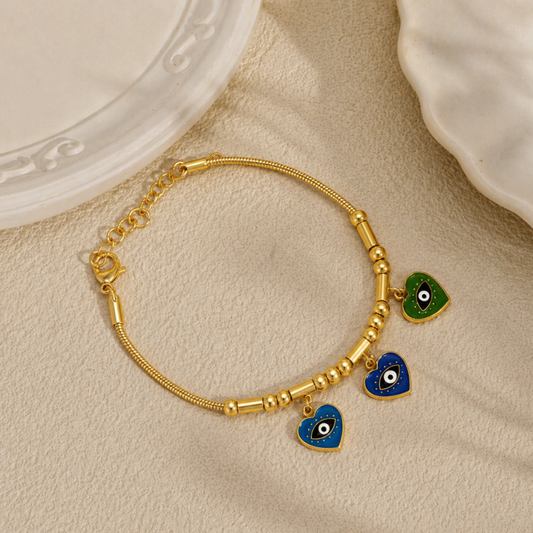 18K Gold Plated Triple Heart Nazar Charm Bracelet
