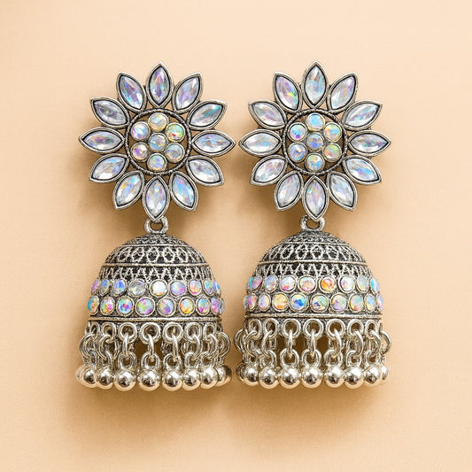 Oxidized Silver Floral Jhumka Earrings with Colorful Mirror Stones