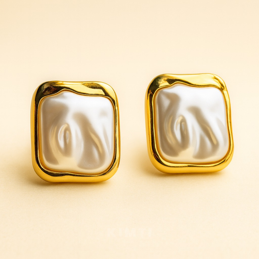 18K Gold Plated Modern Pearl Square Studs