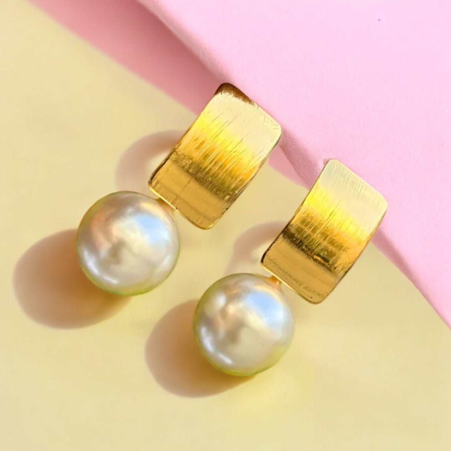 Gold Rectangular Pearl Stud Earring