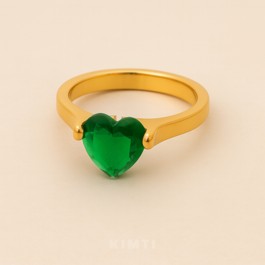 18K Gold Plated Green Heart Solitaire Ring