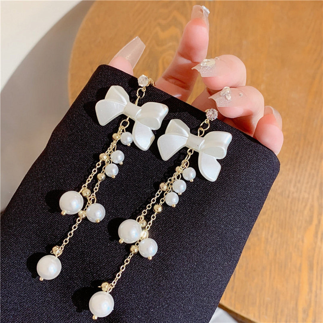 Bow Drop White Earring