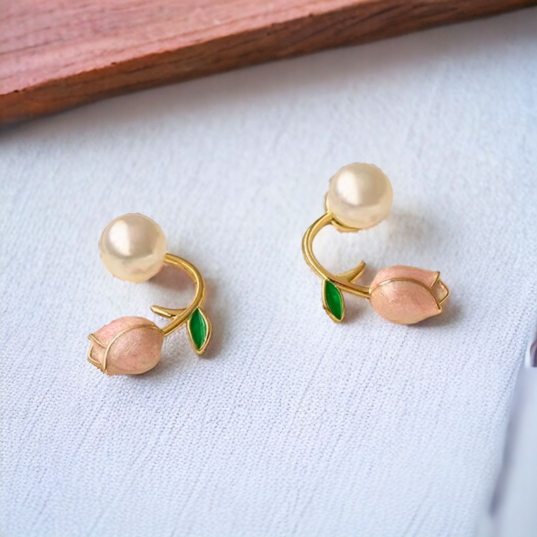 Pink Tulip Pearl Stud Earrings