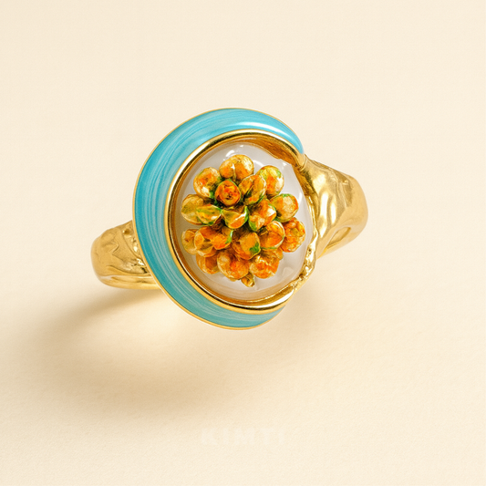 18K Gold Plated Blue Enamel Blossom Dome Ring