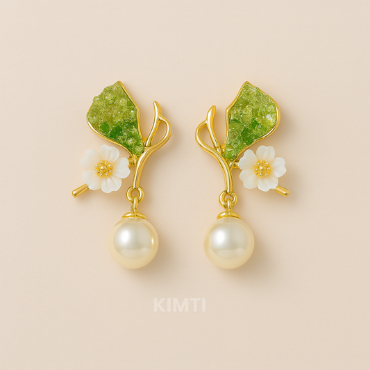Delicate Gold Floral Pearl Drops Earrings with