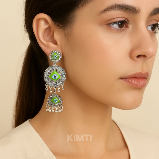 Silver Oxidised Green Peacock Jhumka Earrings
