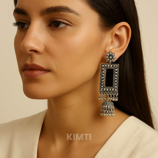 Silver Oxidised Square Stud Jhumka Earring