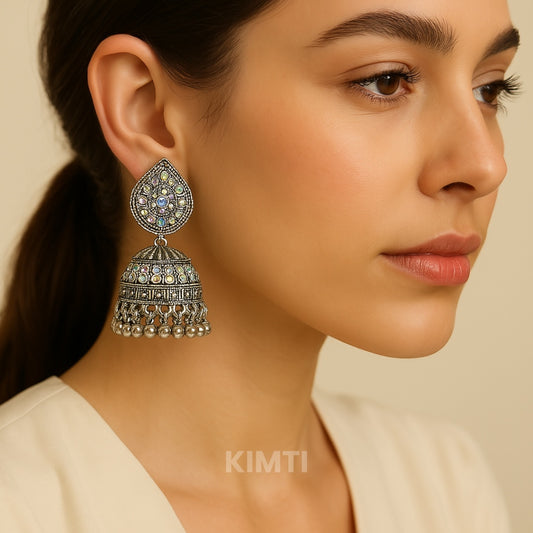 Silver Multi Colour Oxidised Jhumka Earring