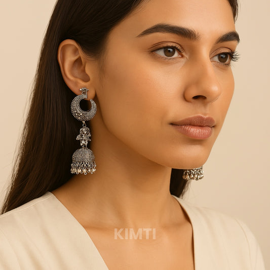Silver Oxidised Peacock Jhumka Earrings