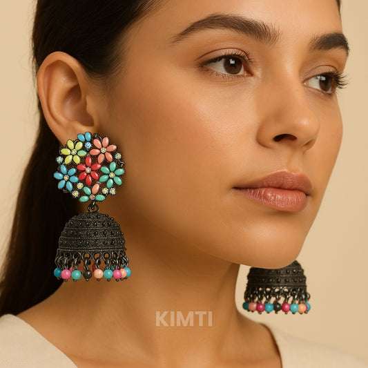 Multi Coloured Oxidised Jhumka Earring