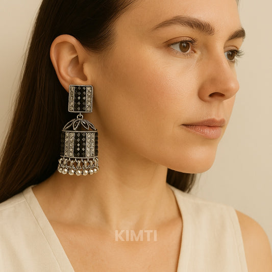 Black and White Oxidised Jhumka Earring