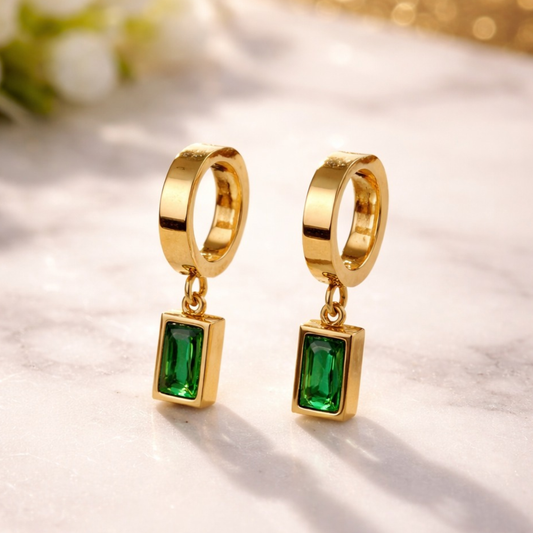 Green Emerald Rectangular Drop Hoop Earrings