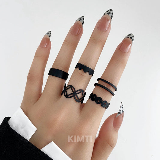 Set 5 Black Adjustable Friendship Ring Stack