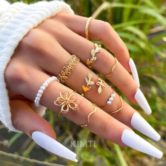 Set of 10 Gold Plated Adjustable Floral Finger Ring Stack