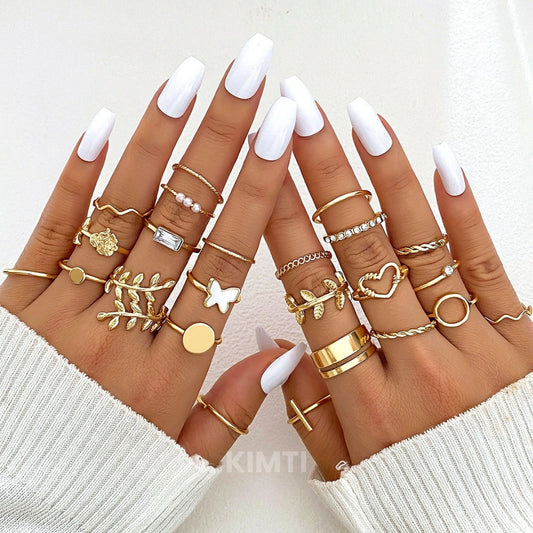 24 Set Leaves ʜеаrt Butterfly Chain Crystal Zircon Trendy Ring Stack