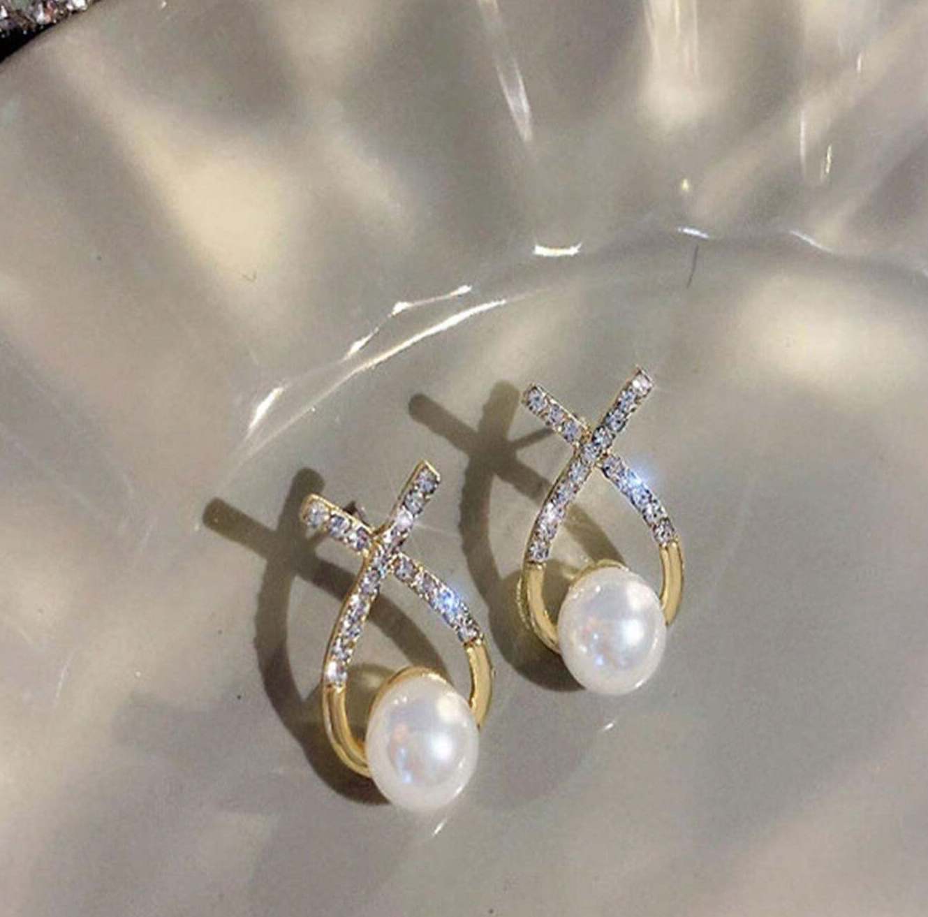 Korean Diamond Studded Cross Pearl Silver Stud Earring