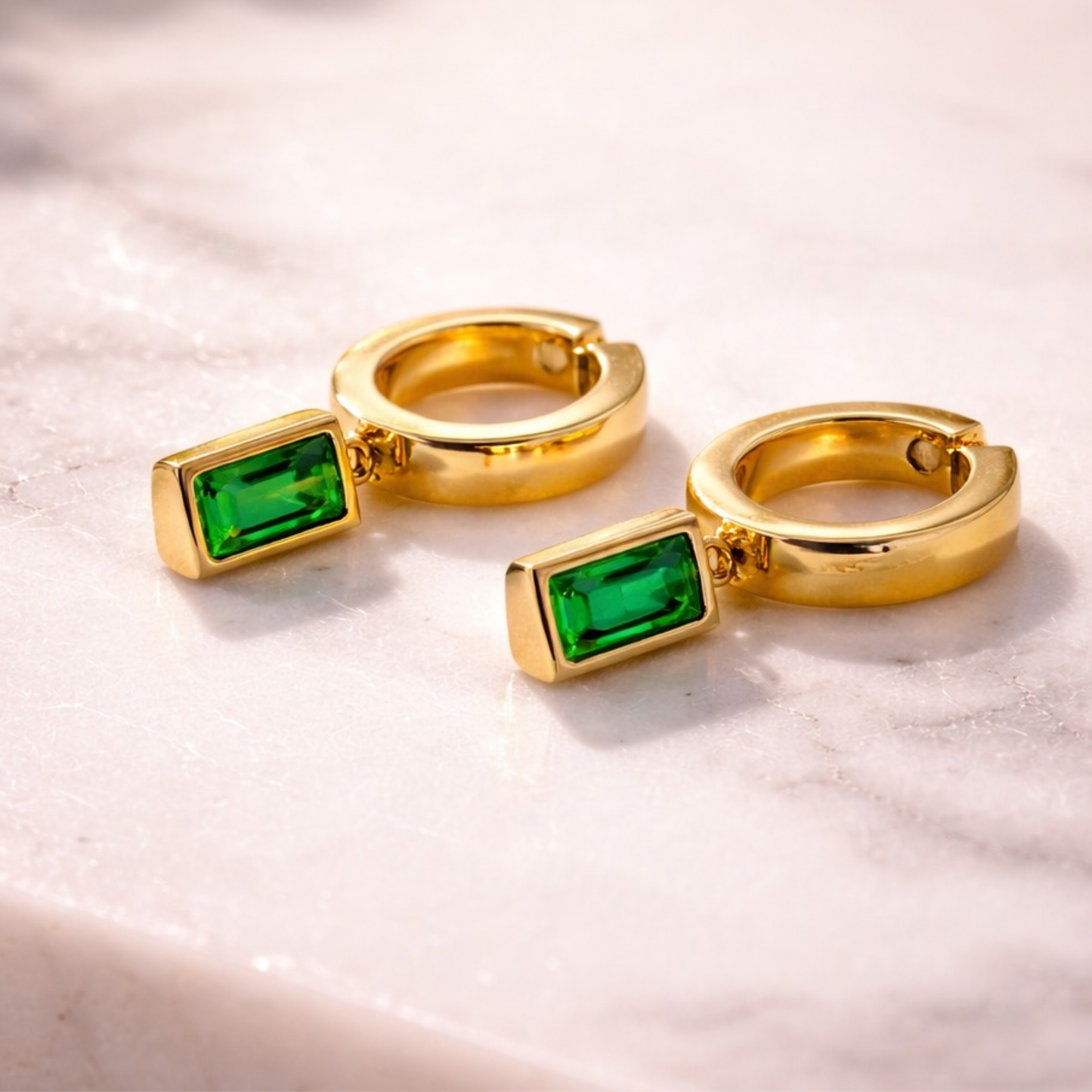 Green Emerald Rectangular Drop Hoop Earrings