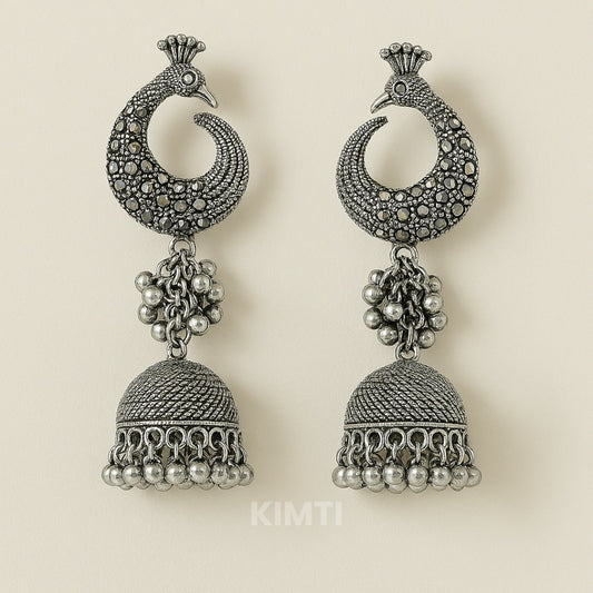 Silver Oxidised Peacock Jhumka Earrings